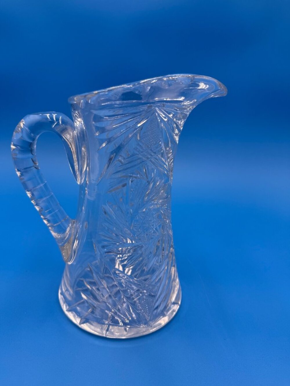 Vintage American Brilliant Crystal Glass Pitcher Intricate Cut Design Handle Vas